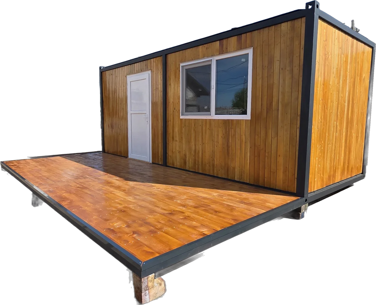 Container placat cu lemn, cu ușă, fereastră și terasă din lemn, produs de Building Office Container